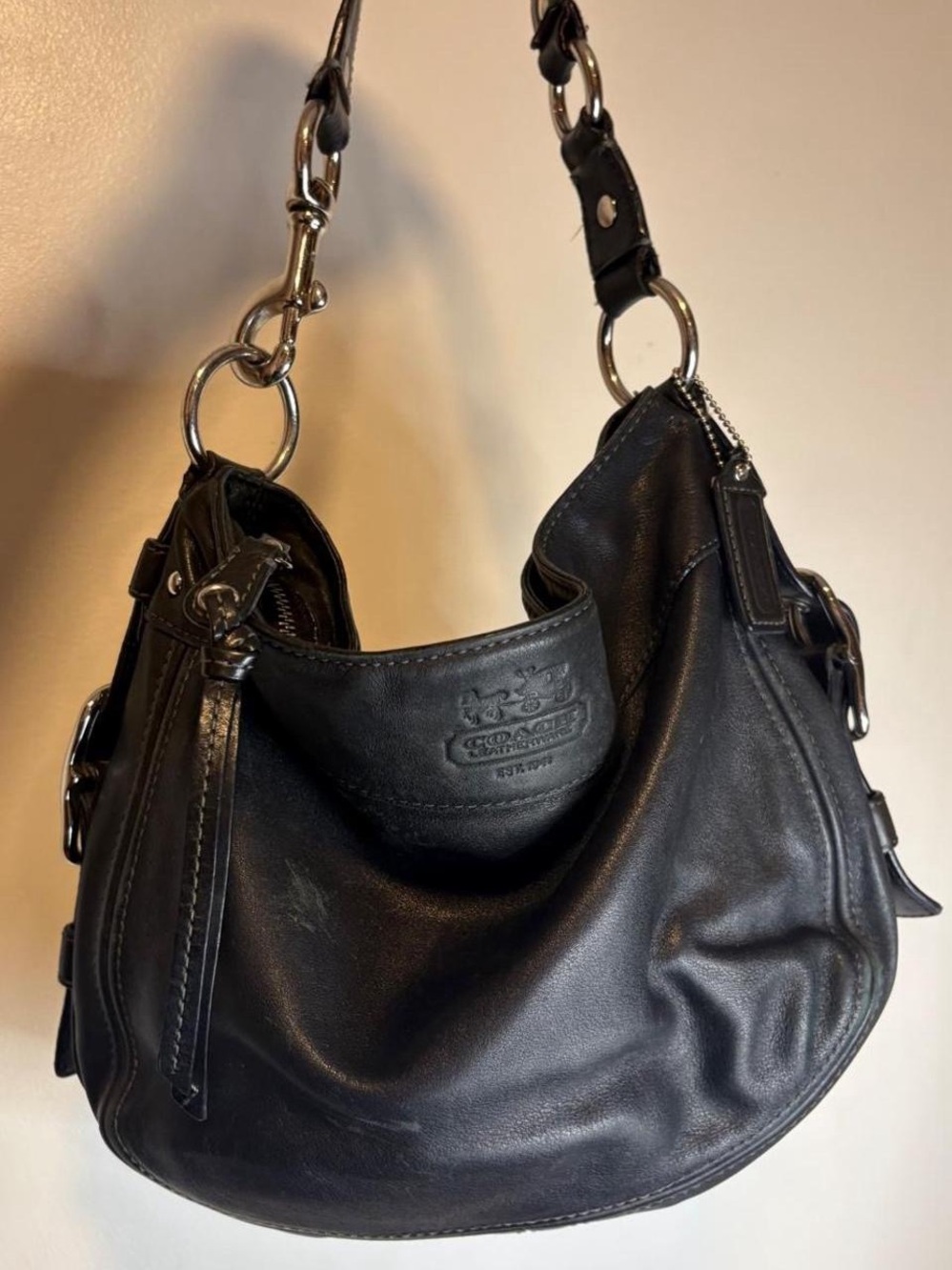 Coach Black Leather Shoulder Hobo Bag with Silver Hardware with matching wallet